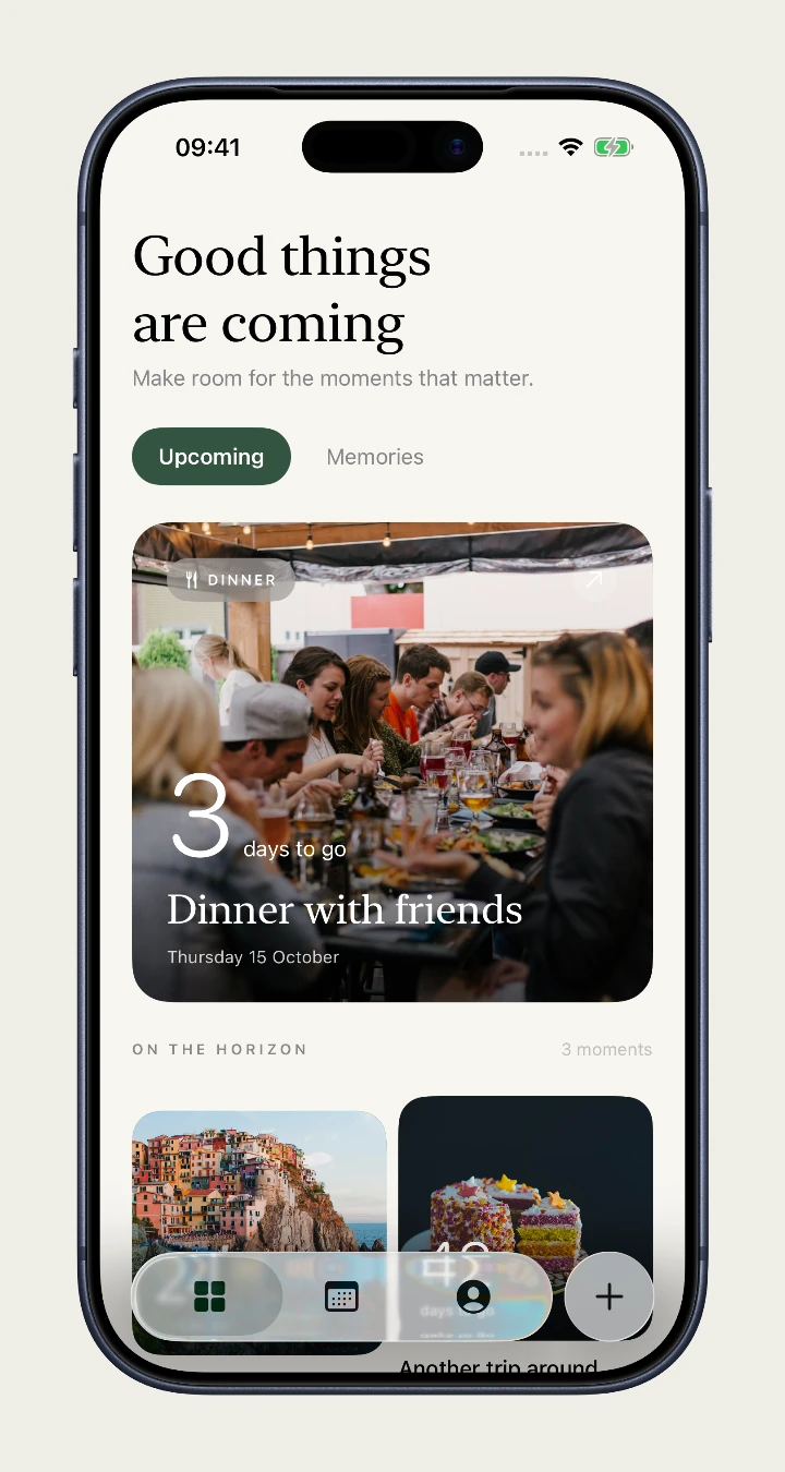 Count in use: browse moments, personalise a countdown photo, revisit a memory, explore the calendar and see the widget guide.