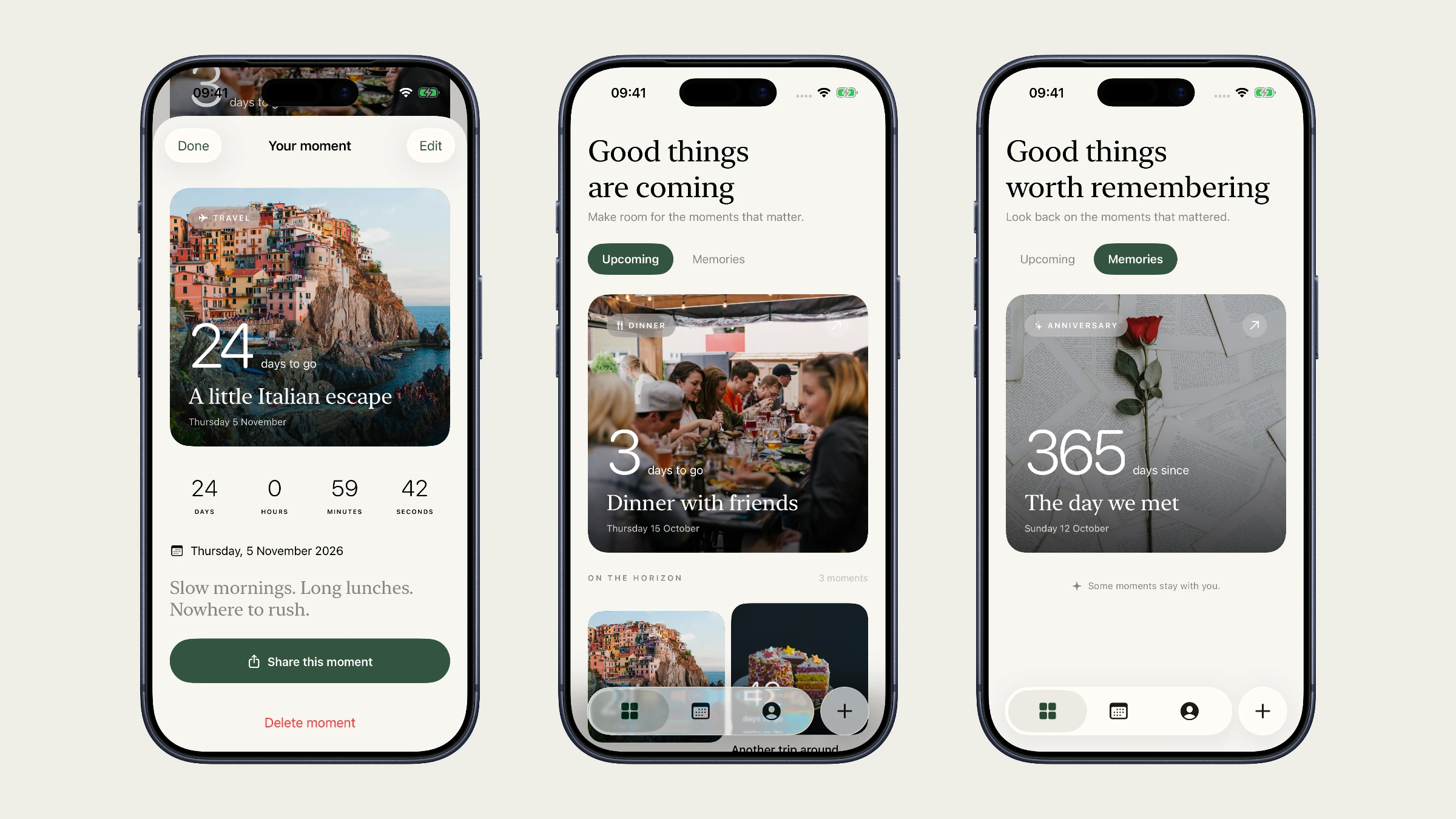 Count in use: browse moments, personalise a countdown photo, revisit a memory, explore the calendar and see the widget guide.