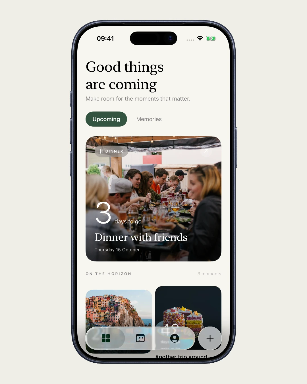 Count in use: browse moments, personalise a countdown photo, revisit a memory, explore the calendar and see the widget guide.