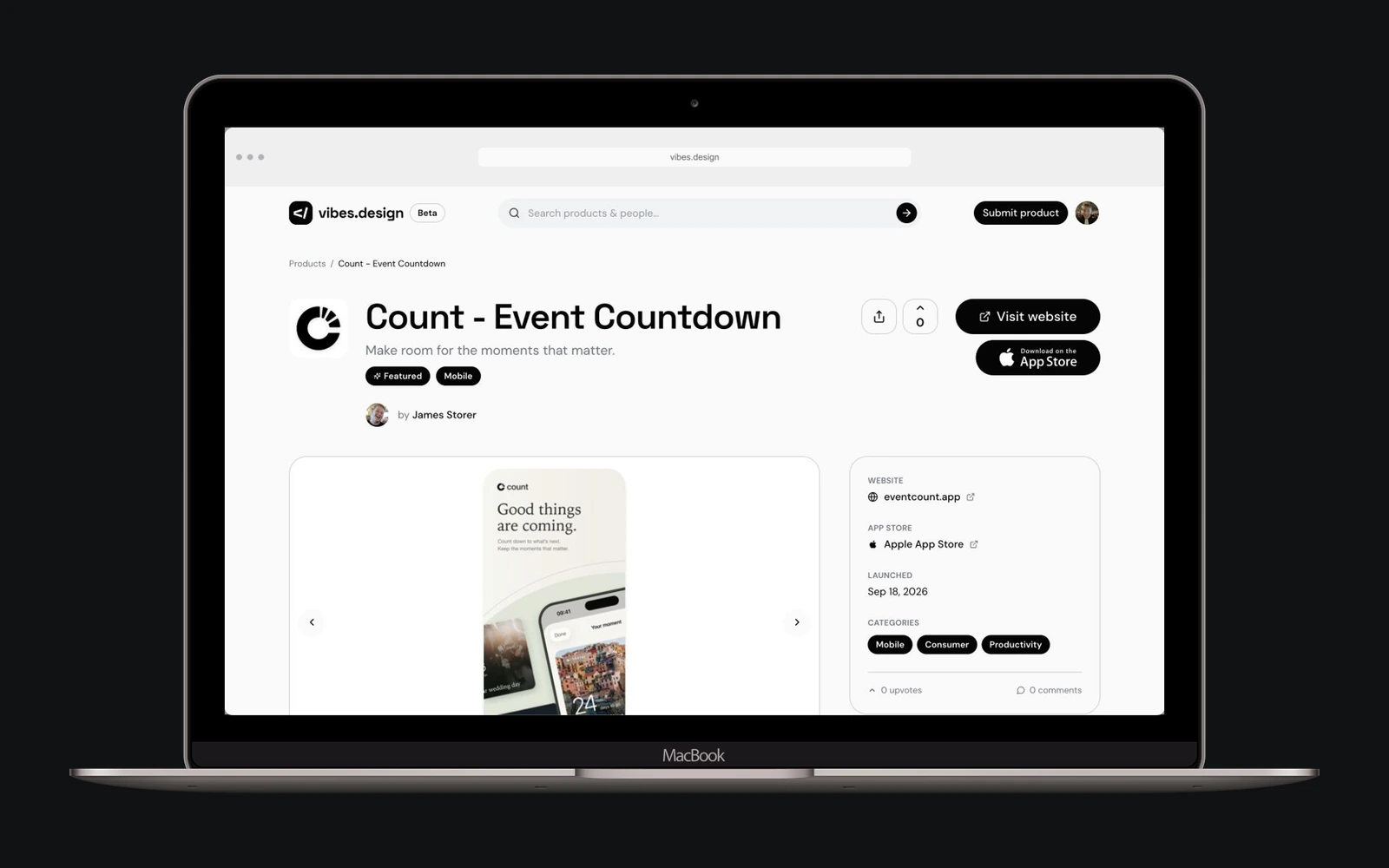Count’s product page on Vibes.design, with its identity, maker attribution, screenshot gallery, website and App Store links.