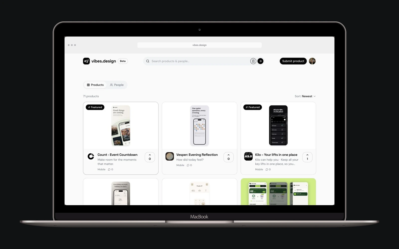 The latest launches on Vibes.design, including Count, Vesper and Kilo, displayed as large product preview cards.