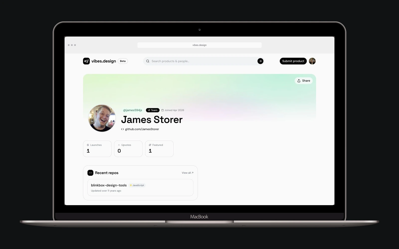 James Storer’s public maker profile on Vibes.design, showing his identity, launch information and public GitHub repository.