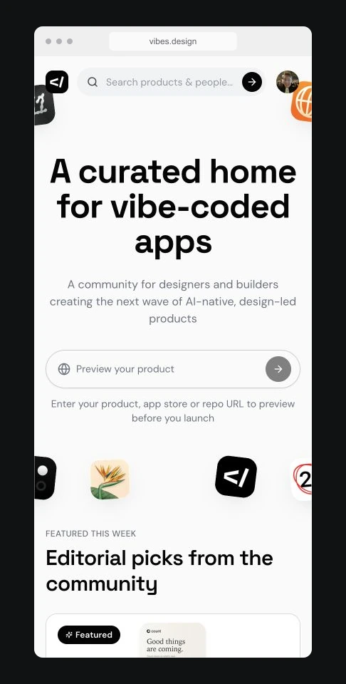 The live Vibes.design homepage at a mobile viewport, with its product discovery headline and featured launches.