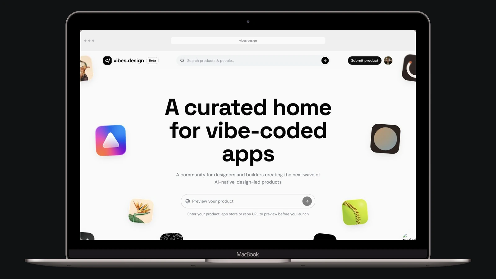 A live Vibes.design walkthrough: scroll the homepage, open Count, explore its gallery, then import a product, edit its details, reorder screenshots and preview the saved draft.