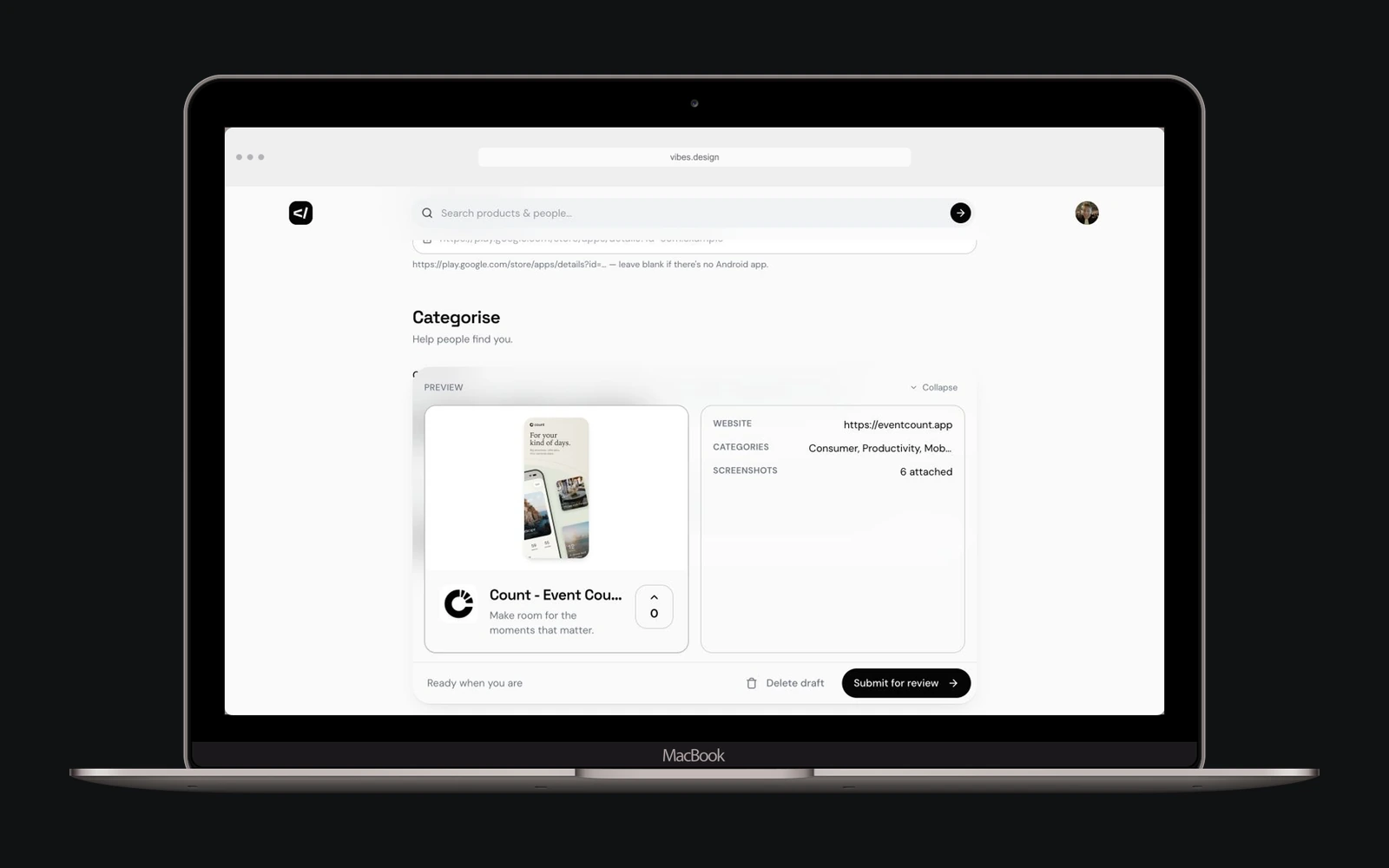 The actual Count submission preview in Vibes.design, showing the selected cover, website, categories, six attached screenshots and the Submit for review control.