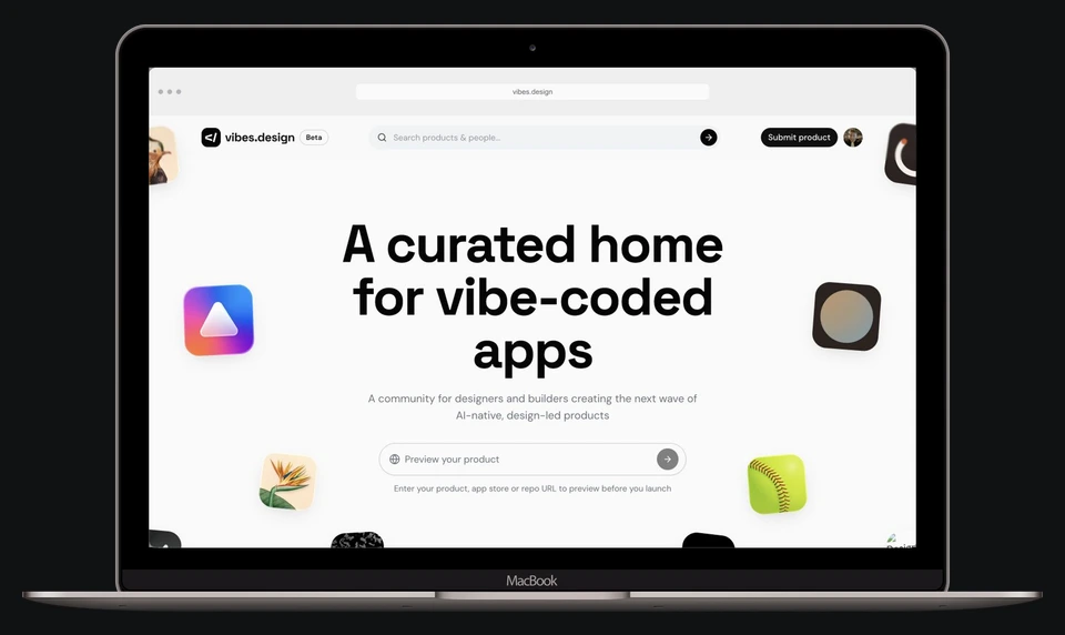 Scrolling and exploring the live Vibes.design website inside a laptop.