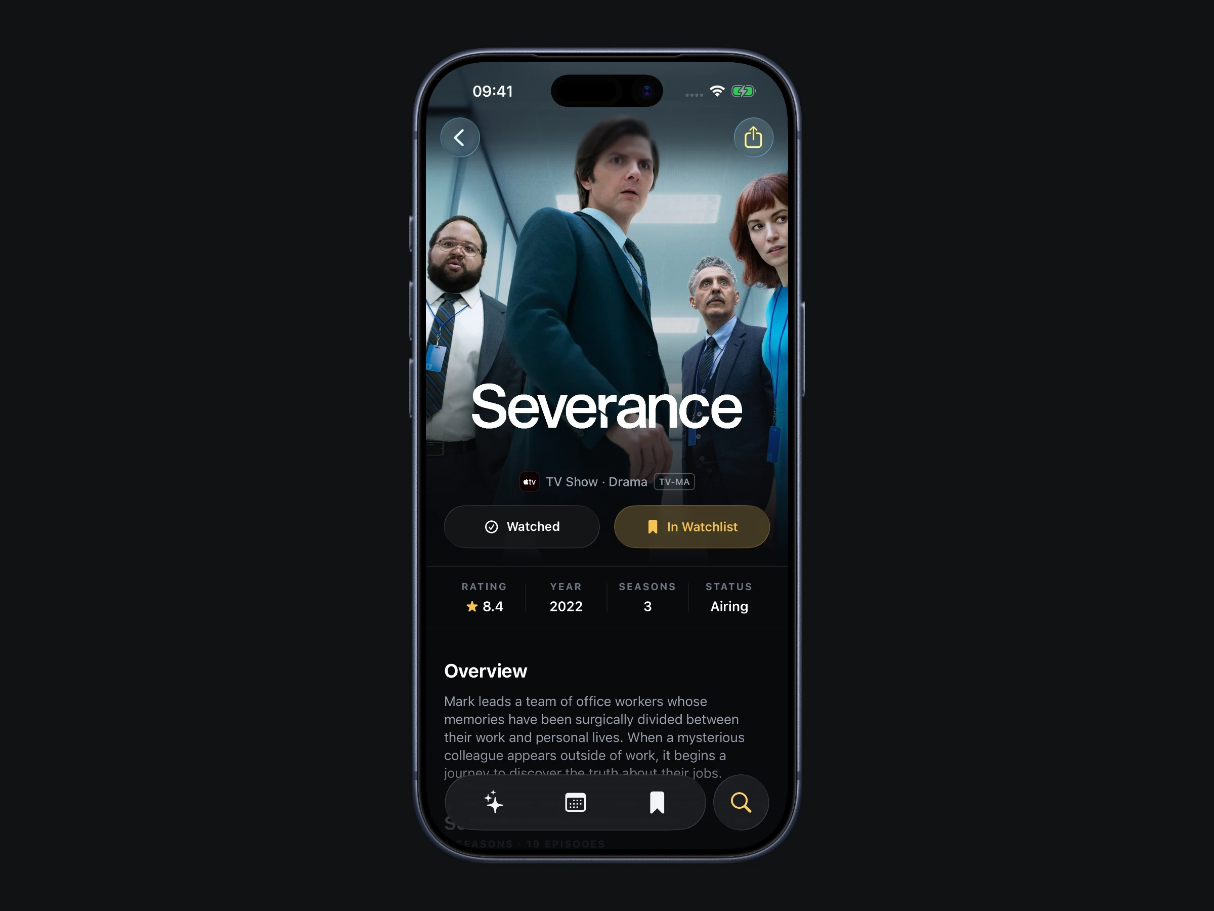 The Severance title page in Watchlist with artwork, rating, overview and save controls.