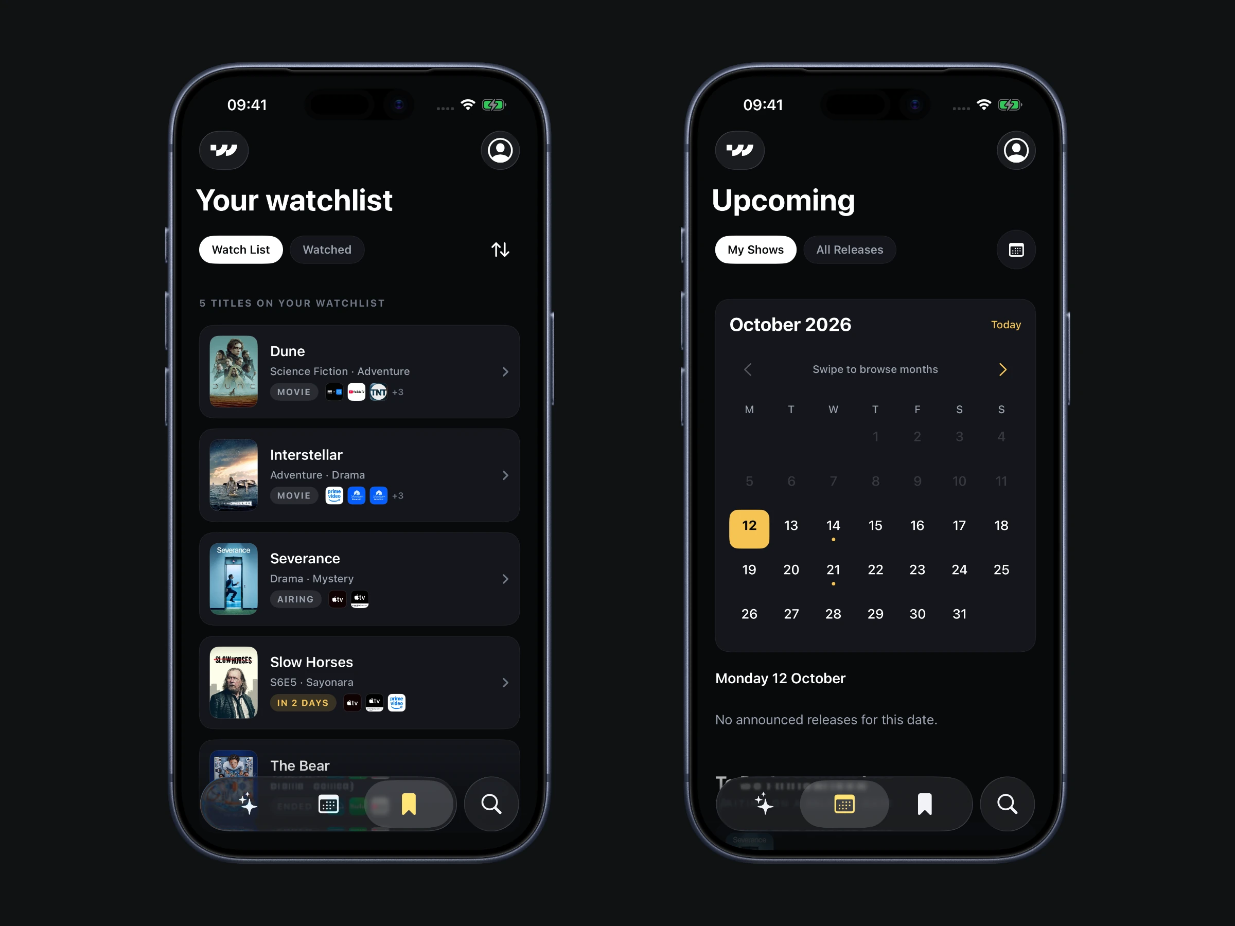 The Watchlist library beside the upcoming release calendar in the native iPhone app.