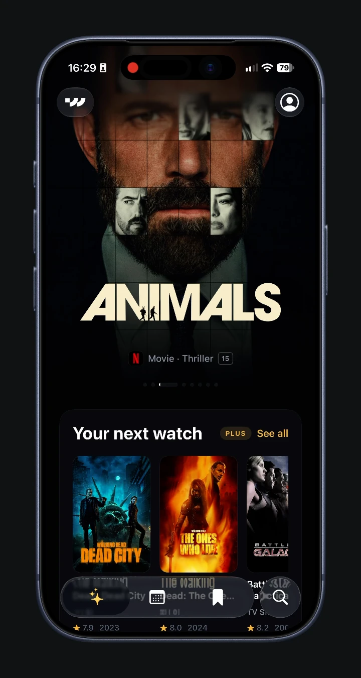 Watchlist in use: browse title details, rate a title, explore a season, check upcoming releases and scroll through the watchlist.