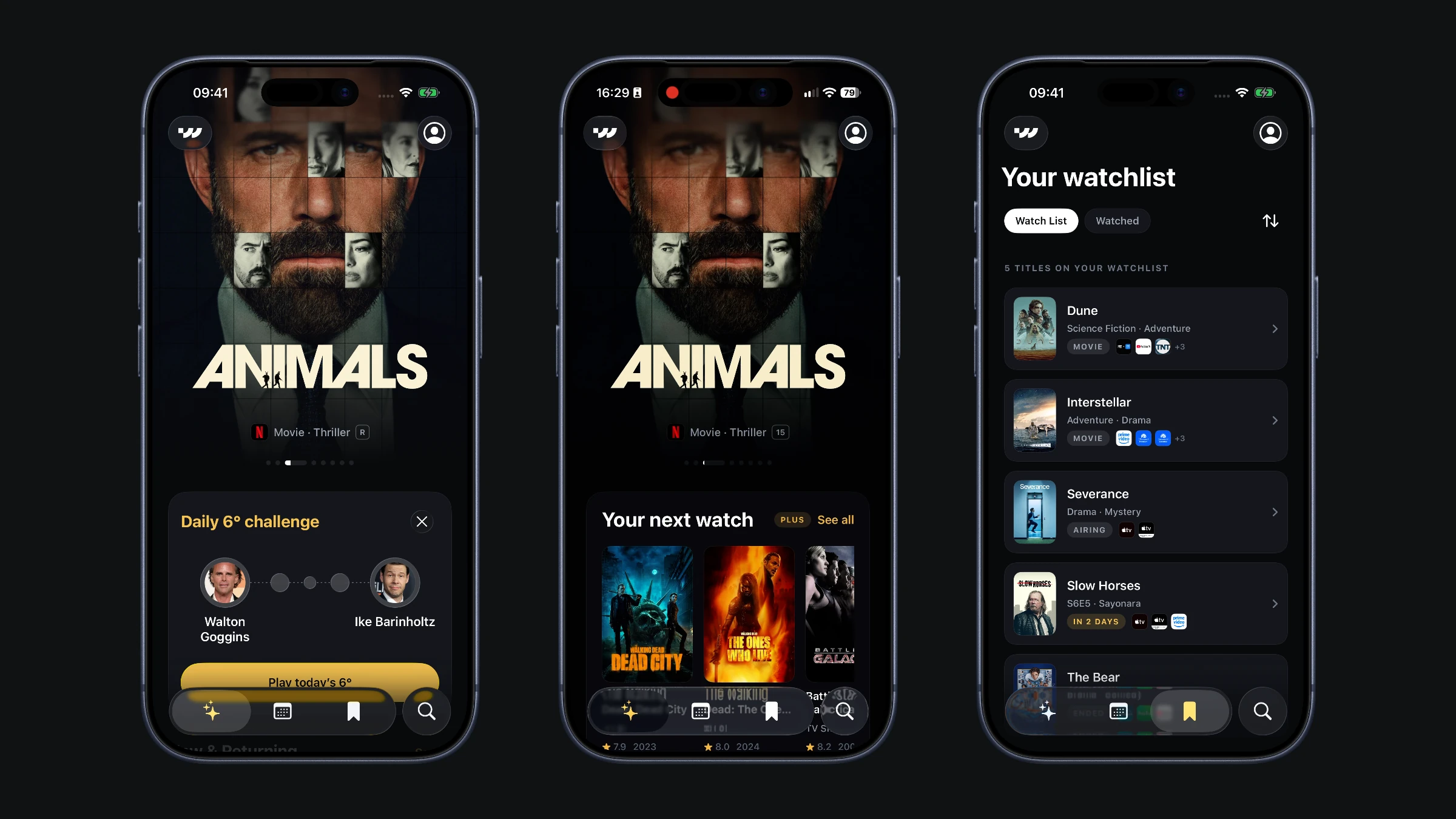 Watchlist in use: browse title details, rate a title, explore a season, check upcoming releases and scroll through the watchlist.