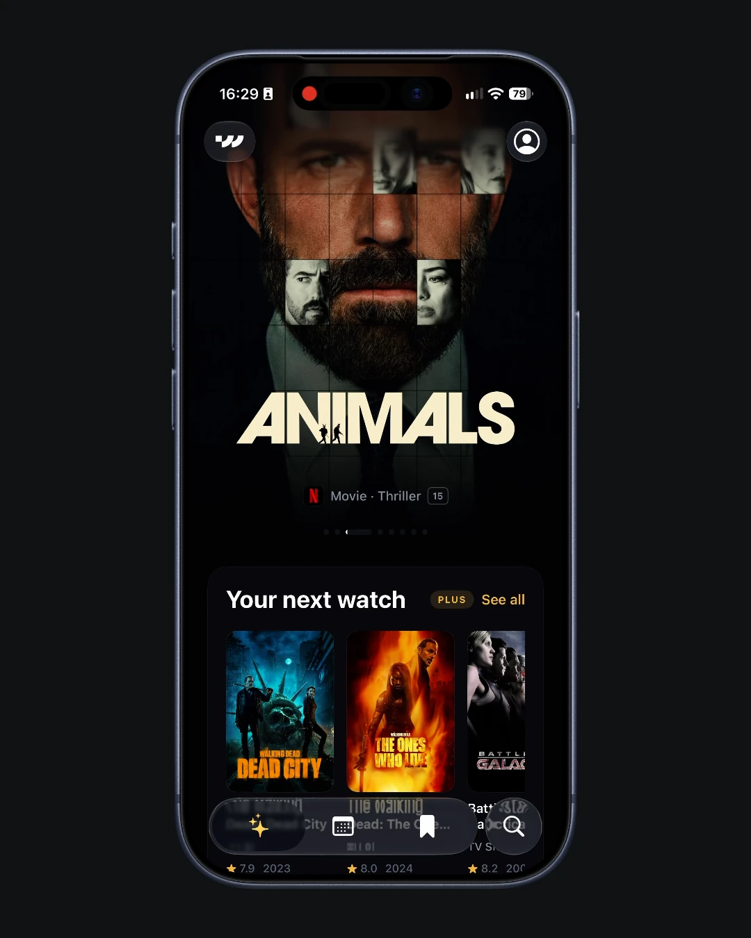 Watchlist in use: browse title details, rate a title, explore a season, check upcoming releases and scroll through the watchlist.